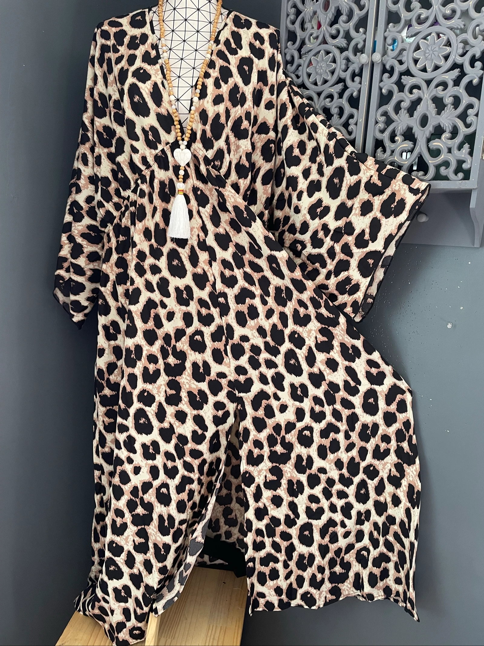 💖 vestido largo leopardo beige negro camello con abertura talla grande 56 bohemio chic fluido 💖 – photo 4